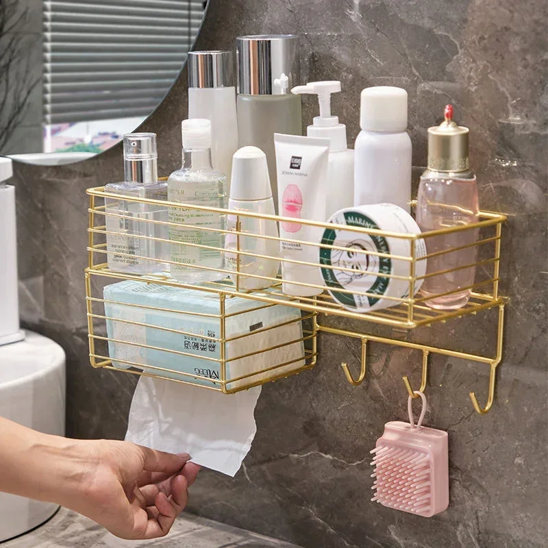 

Punch Free Tissue Holder Toilet Towel Rack Cosmetic Storage Boxes Wall Hanging Shelves Shower Shelf Bathroom Accessories Set