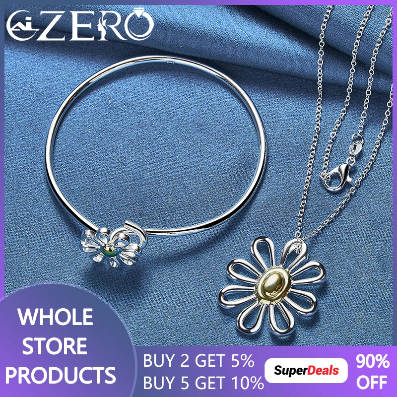 

925 Sterling Silver Jewelry Set For Women Gold Stamen Flower Pendant Necklaces Bracelets Bangles Fashion Party Charms Wedding
