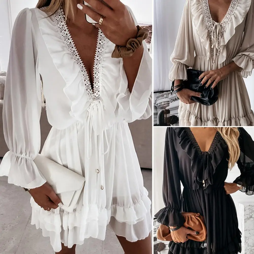 

Lantern Long Sleeve Front Lace-up Pleated Elastic Waist Mini Dress Loose Hem V-neck Solid Color Ruffle Trim Casual Dress Sundres