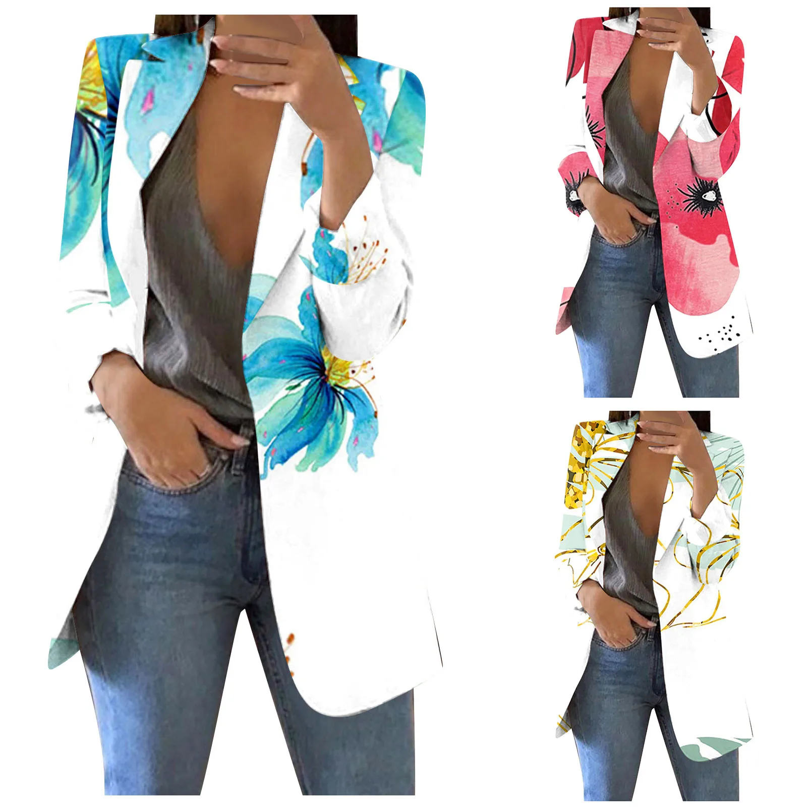 

Women's Button&Pocket Printed Cardigan Formal Suit Long Sleeve Lapels Business Office Jacket Trench Coats for Women 4x