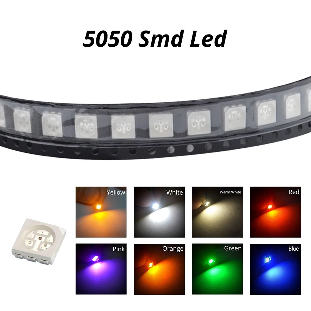 100шт 5050 Белый Красный Синий Розовый Smd Smt 3-chip Led Plcc-6 Супер яркий свет лампы Светодиоды 10-12lm 6000-6500k