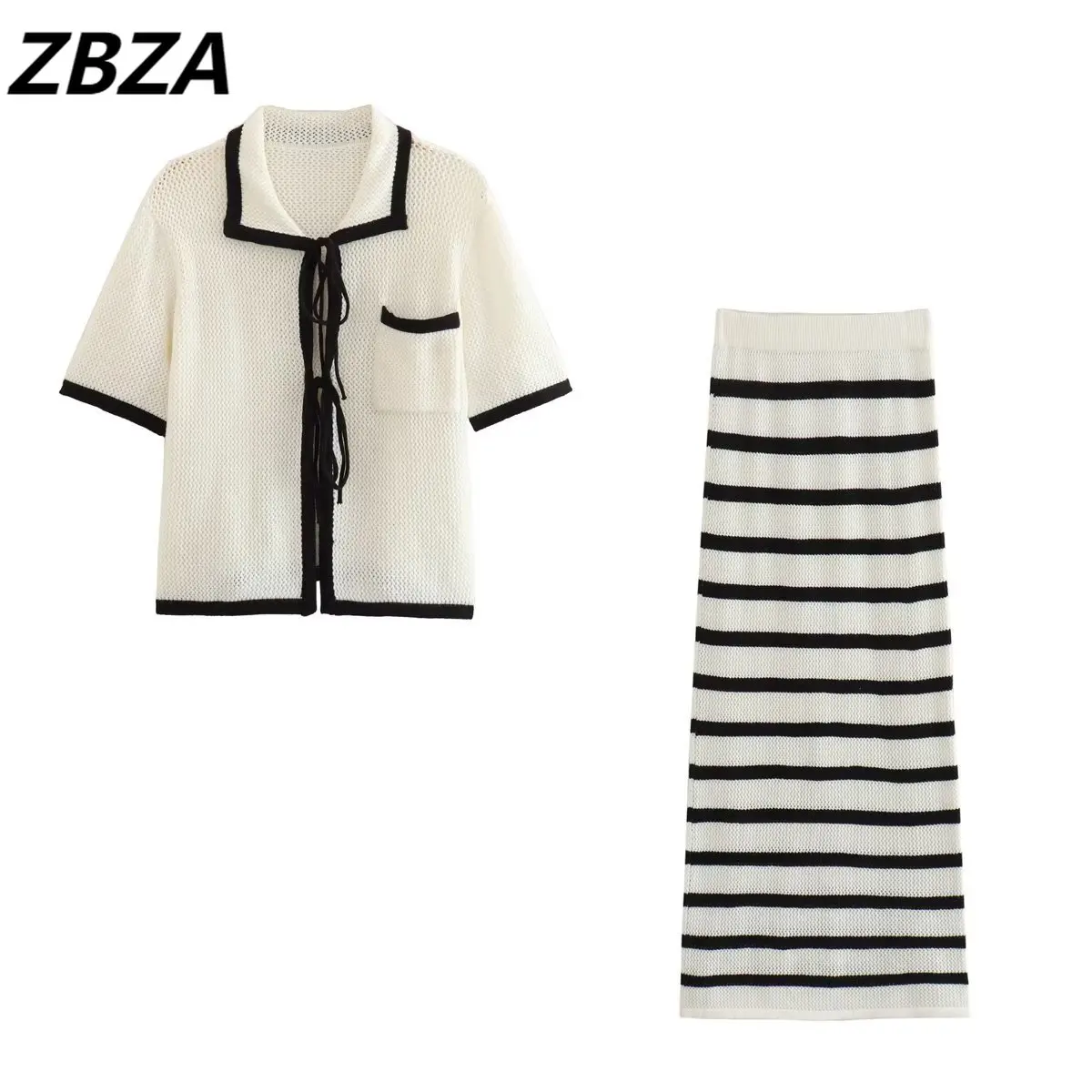 

ZBZA Set Women 2 Pieces 2023 New Fashion Knitted Striped Cardigan Tops Vintage Knitted Striped Overskirt Female Chic Tops