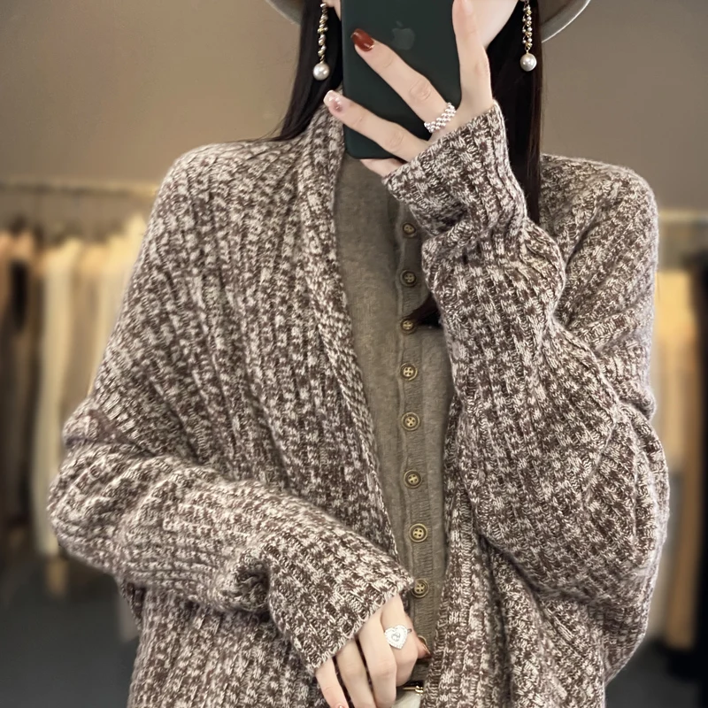 

Женское осенне-зимнее трикотажное пальто из 100% шерсти, утепленная шаль, кардиган, кашемировый свитер, женский свитер, модная большая шаль