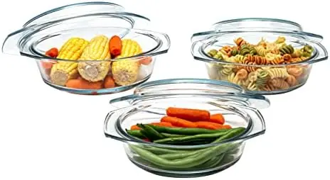 

Dish Set, Set of 3 Casserole Dish with Lid, Round Glass Cookware, Borosilicate Glass, Europe 0.75 Quart, 1 Quart and 1.5 Quart
