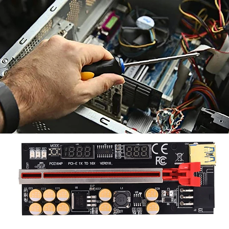 

Новейшая карта расширения VER016 PCI-E 1X до 16X USB3.0 GPU с 10 конденсаторами, дисплеем температуры и напряжения для майнера BTC
