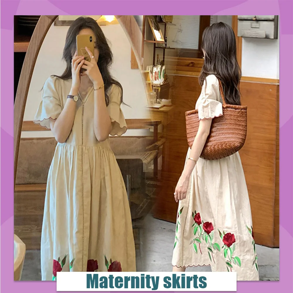 Maternity Long Dress Flower Embroidery Dress V-Neck Thin Section Pregnant Woman Short-Sleeved Casual Skirt Summer New Style