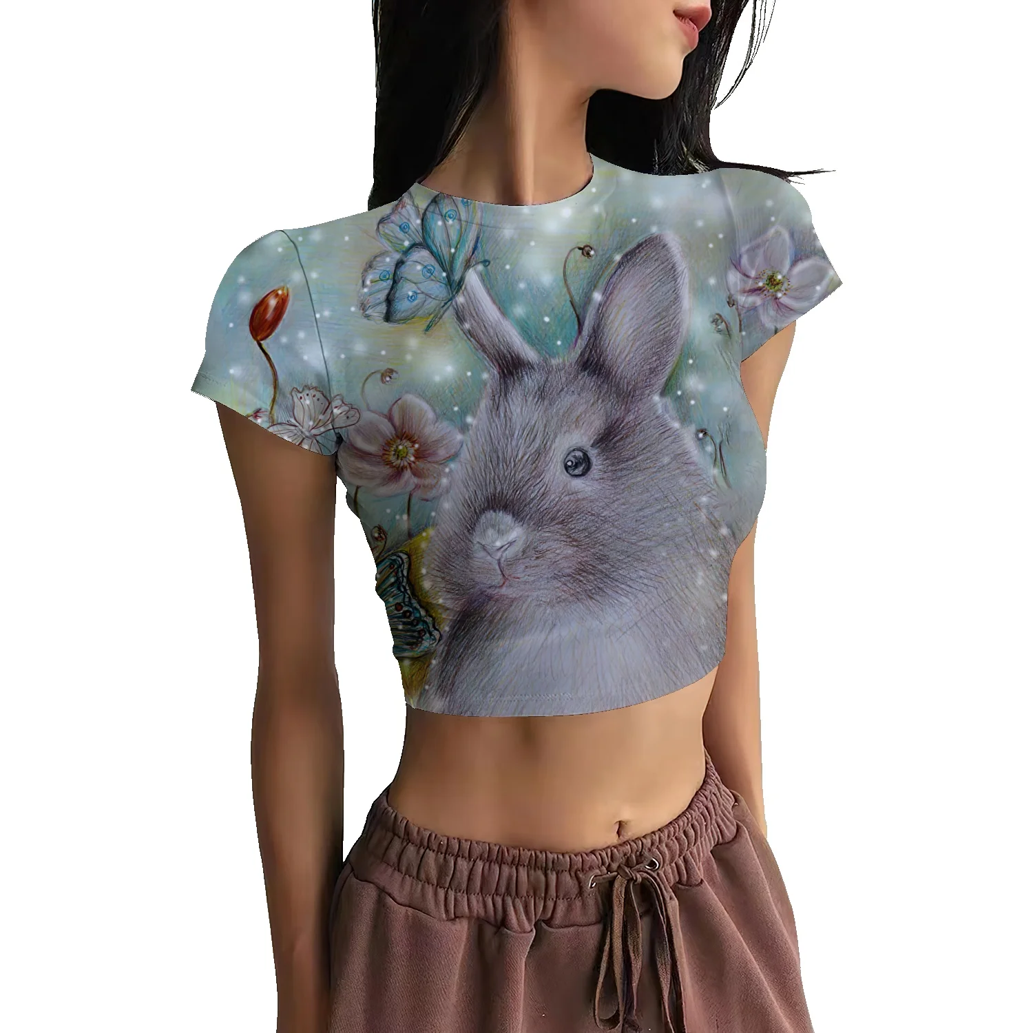 

Женская короткая футболка в стиле ретро, новые летние топы с коротким рукавом и принтом кролика, шорты, 2022