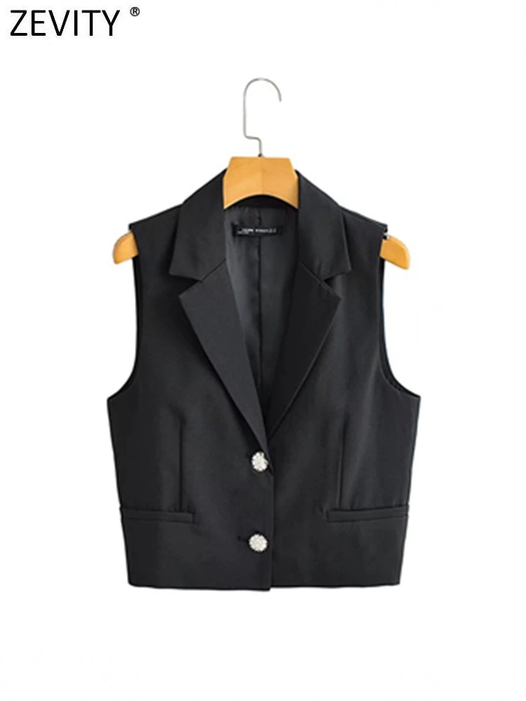 Новинка от Zevity женский короткий жилет без рукавов на пуговицах со стразами