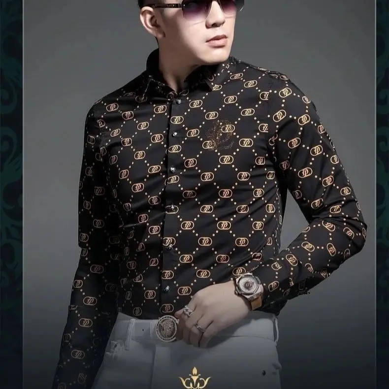 Men's Long Sleeve Shirt Spring Summer Casual Personalized Shirt Trend Slim Advanced Lattice New Men's Clothing