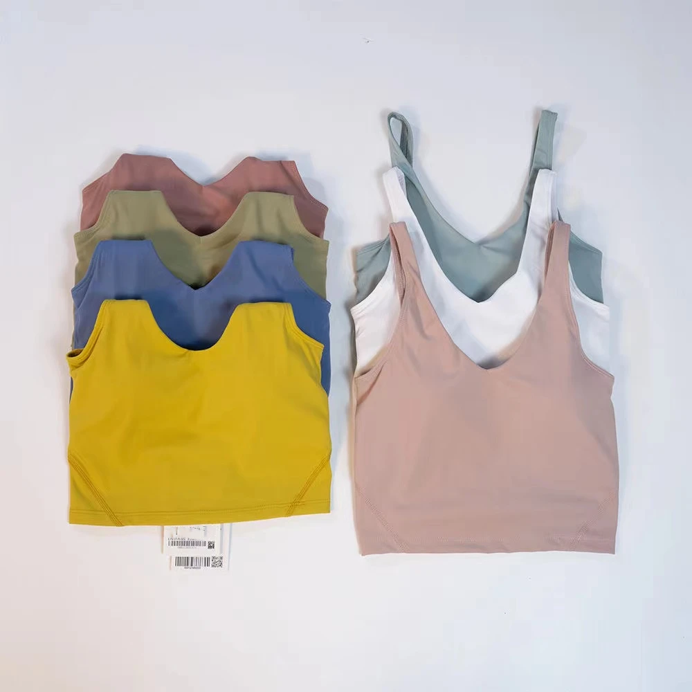 Lulu women Summer U-shaped No Steel Ring Built-in Chest Pad Sports Bra Short Solid Color Sleeveless Gym Yoga Fashion Tank Top