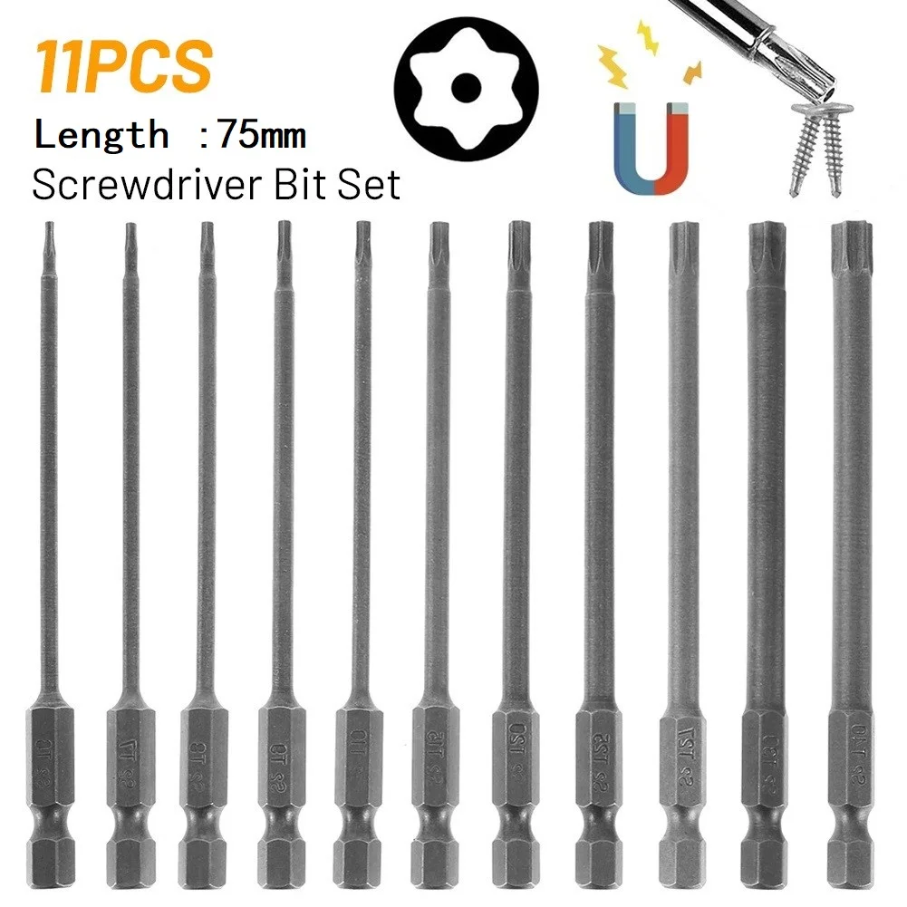 11pcs Torx Screwdriver Bit Set Hex Security Magnetic Head 75MM Extra Long T6-T40 Alloy Steel Screwdrivers Hand Tool