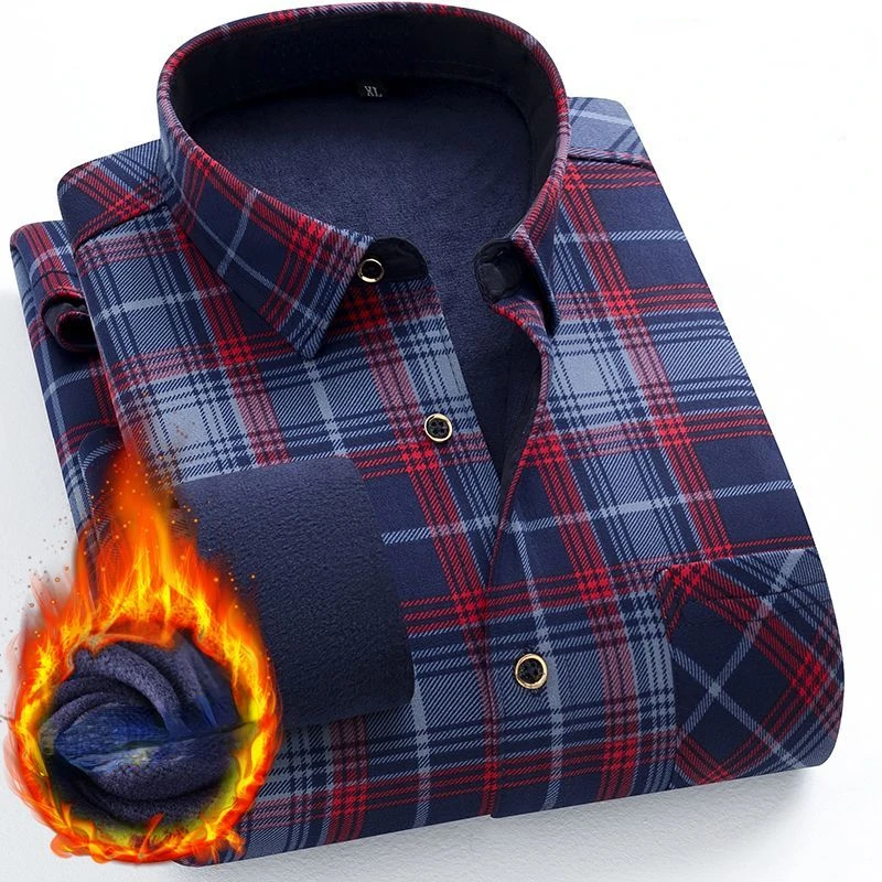

Warm Winter Fleece Mens Long Sleeve Shirt Plaid Single Patch Pocket Regular-fit Comfortable Casual Button-collar Shirts Howdfeo