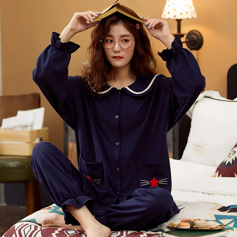 Womens Cotton Pajama Set Two-piece Home Suit Long-sleeved Long Pants Pajamas Autumn Spring Elastic Comfy Cardigan Suit Plus Size