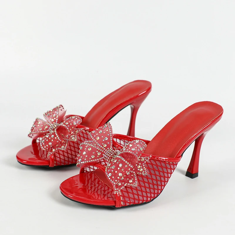 Liyke/летние модные женские тапочки со стразами и узлом-бабочкой сандалии красные