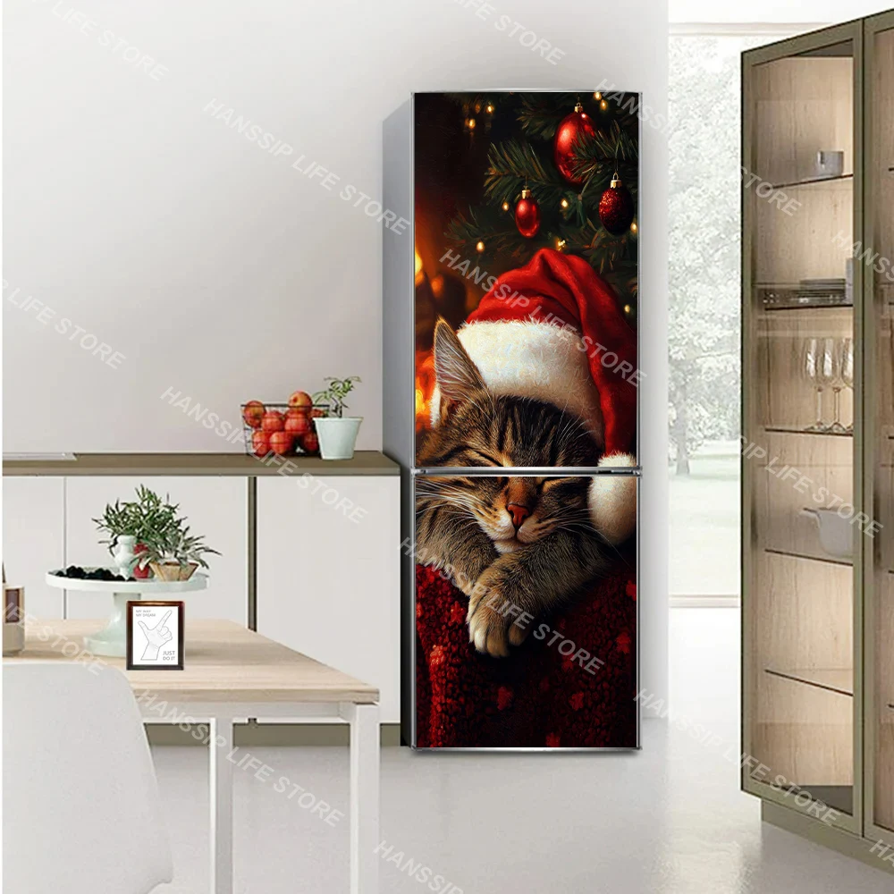 Creative Cute Kitten Wearing Christmas Hat Wall Art Mural for Kitchen Refrigerator Door Wrap Cover Xmas Candy Bar Cat Poster
