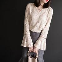 elegant v neck lace hollow out flare sleeve blouses female clothing autumn new commute tops loose solid color sweet shirt