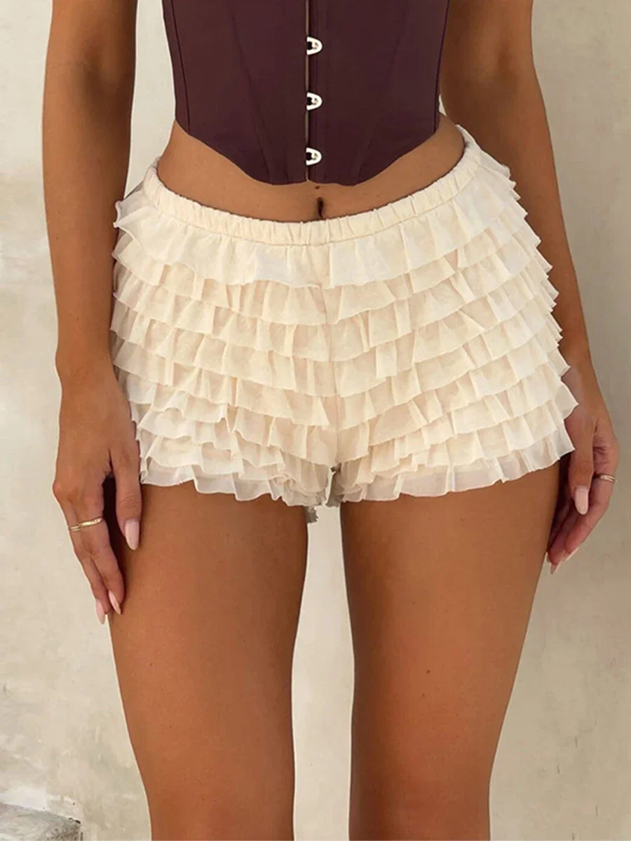 Women Shorts Summer Elastic Waist Solid Layered Slim Fit Casual Clubwear