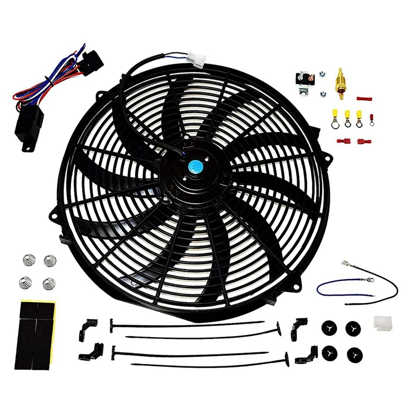 

16 Inch Electric Radiator Cooling Fan Wide S-Curved Thermostat Kit Reversible Push/Pull & Mounting Heavy Duty 12 Volts