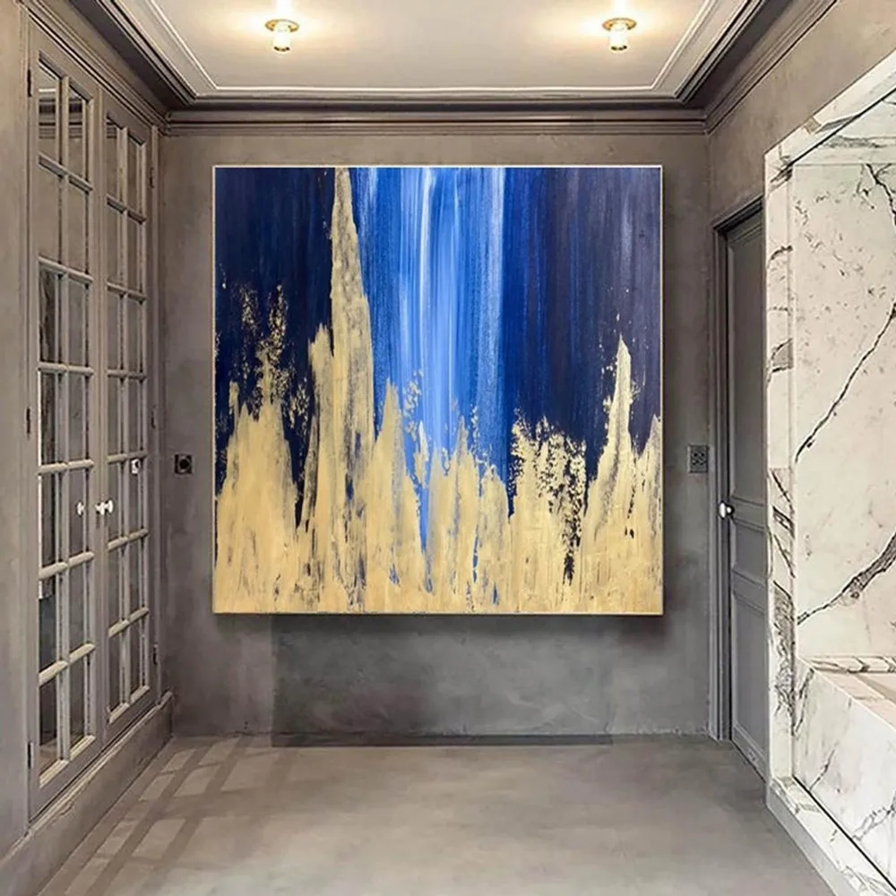 

Картины маслом на холсте синего и золотого цвета, декоративная роспись, нерамка, акриловая подвеска для гостиной, спальни, настенное искусс...
