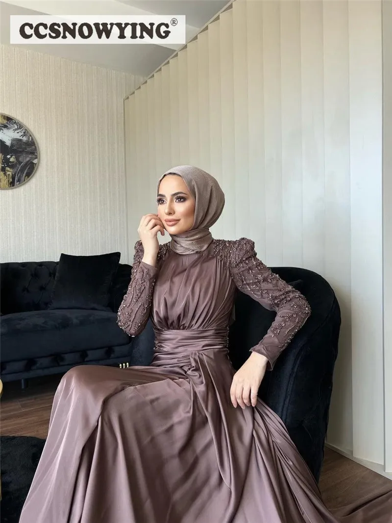 Dusty Rose Hijab Muslim Evening Dress Long Sleeve Islamic Formal Party Gown Beaded Satin Saudi Arabia Kaftan Robes De Soirée images - 6