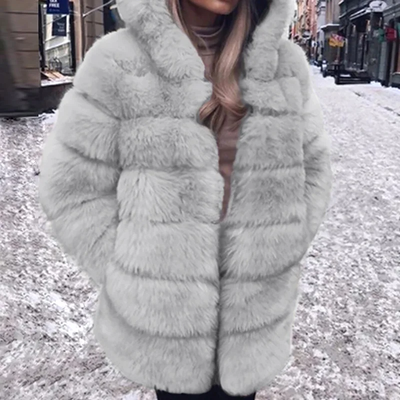 Winter 2023 Fashion New Women's Plush Faux Fur Coat Casual Oversized Ladies Thick and Warm Fashionable Hooded Coat with Pockets