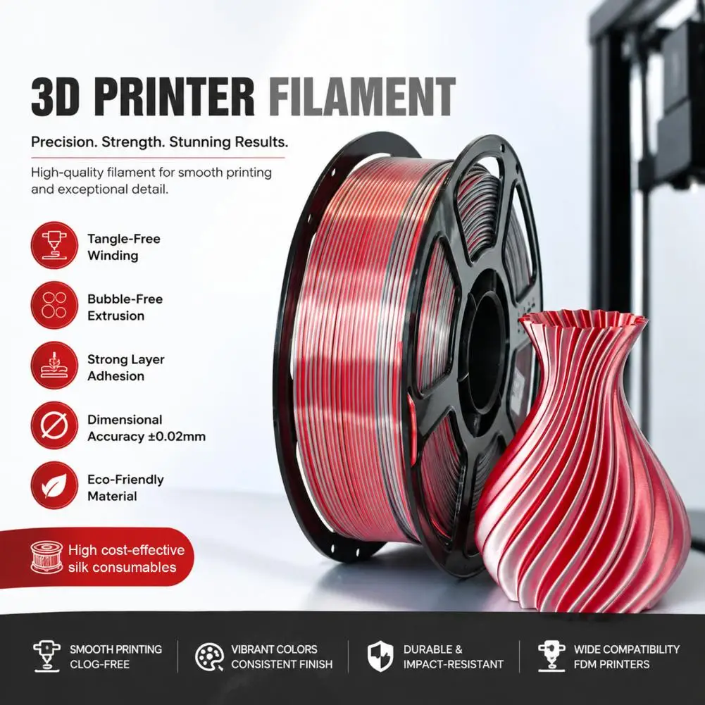 Фото Филамент PLA для 3D-принтера 1,75 мм, красно-серебристый двухцветный шелковый филамент, материал для 3D-печати №1
