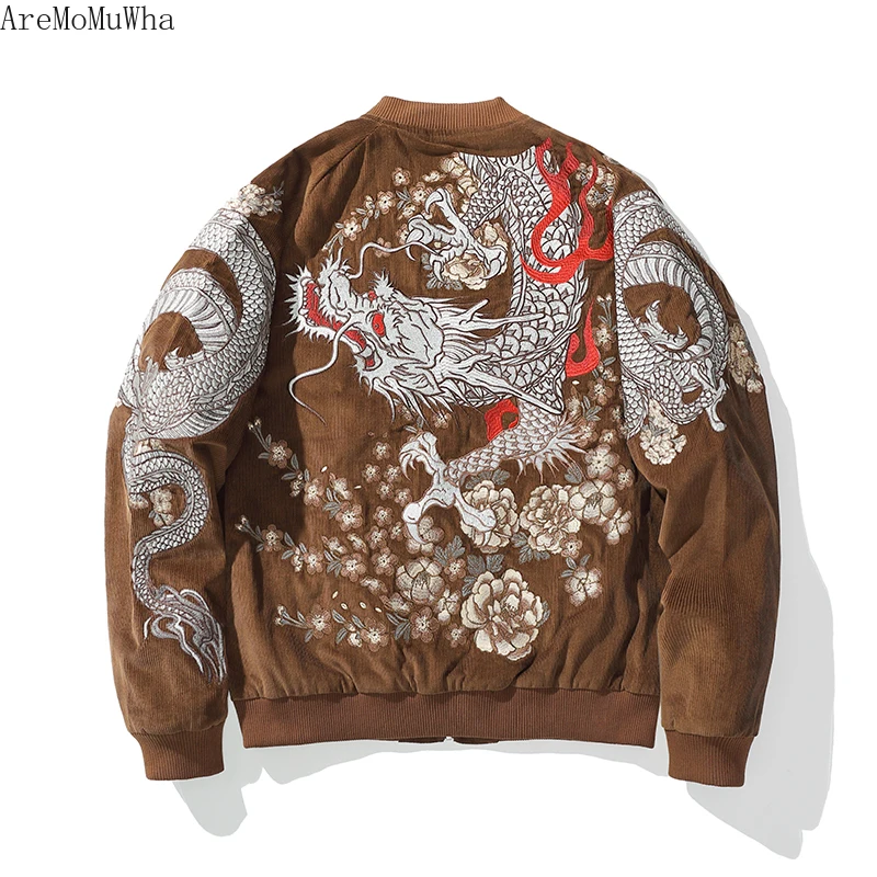 New Heavy Industry Dragon Embroidery Men's Corduroy Cotton Shirt Cotton Suit Hengshu He Coat Vintage Cotton Jacket Stand Collar