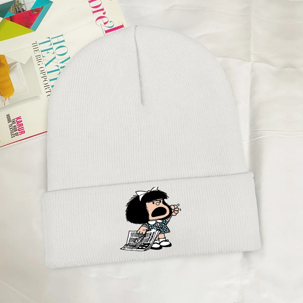 

Angry with Newspaper Skullies Beanie Mafalda Quino Comics Manga Girl Knitted Bonnet Girl Boy Warm Cap Soft Brimless Elastic Hats
