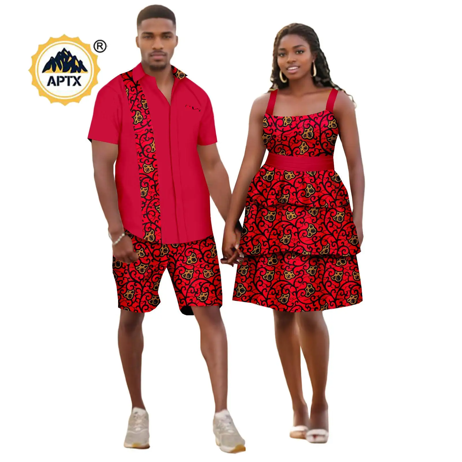 African Sexy Print Ruffles Dresses Matching Couple Outfits Bazin Dashiki Men Shirt Top and Pant Sets 24C071