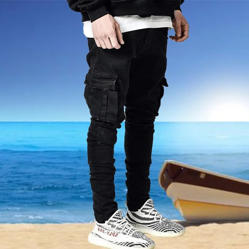 Jeans Men Fashion Multi-Pocket Cargo Pants Blue High Street Slim Pencil Pants Hight Quality Black Streetwear Jeans For Men