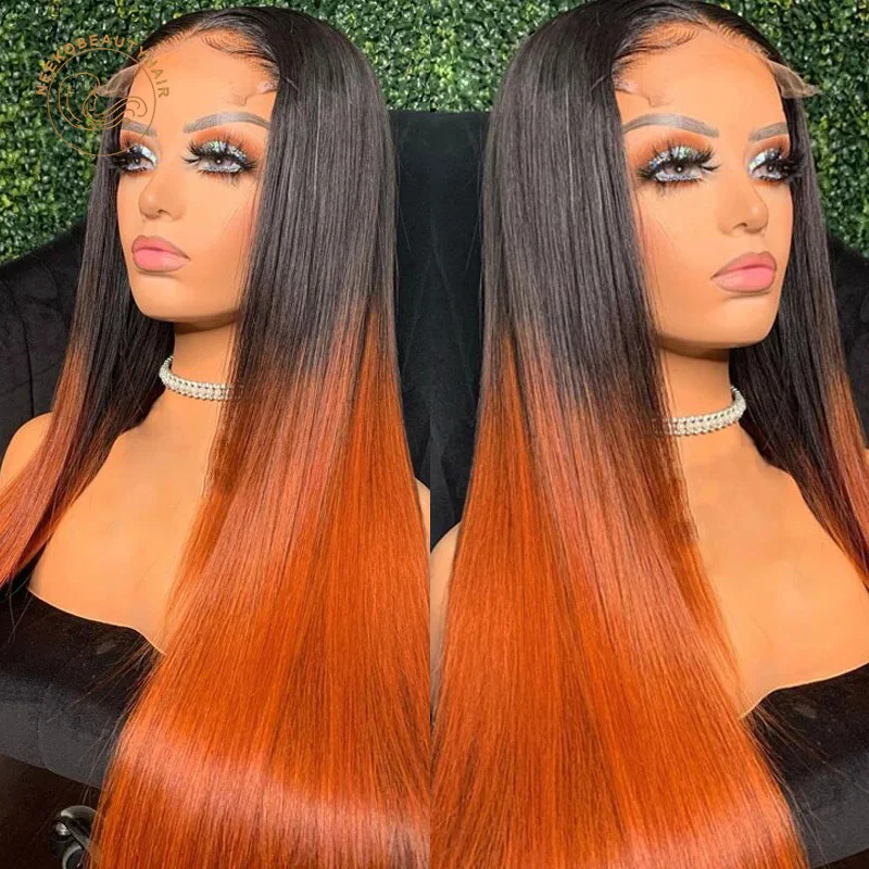 Парик фронтальный с прозрачной сеткой 2 оттенка черный оранжевый прямой 13x4 парик