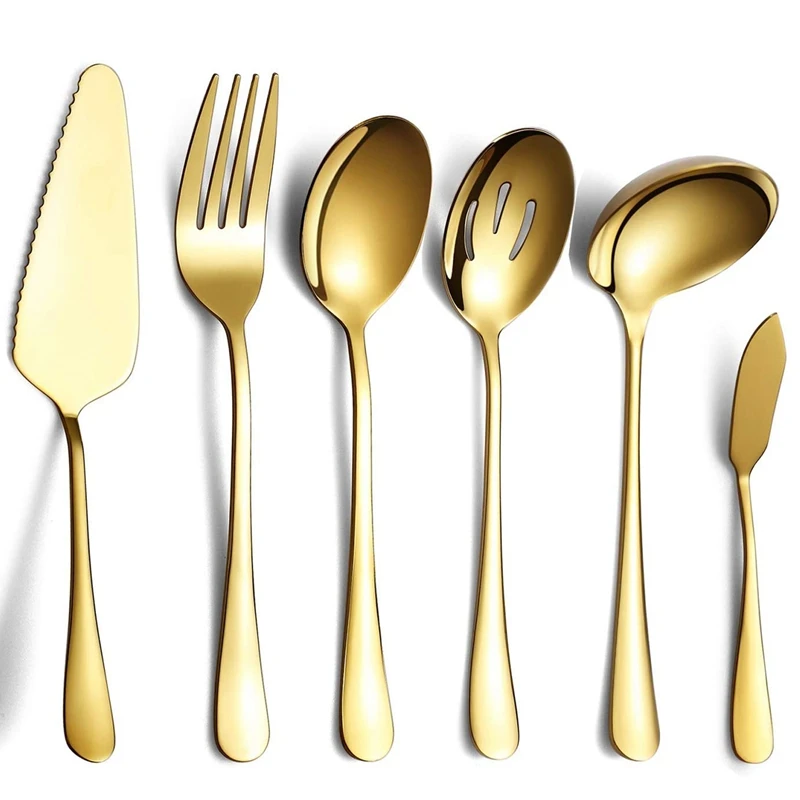 

6-Piece Serving Flatware Silverware Set, Serving Utensil Set,Include Cake Server, Slotted Serving Spoon Gold