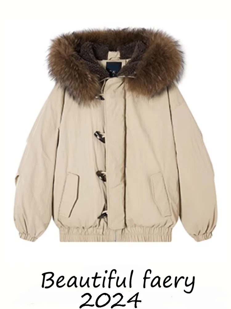Женский пуховик с большим меховым воротником енота зимняя утолщенная теплая