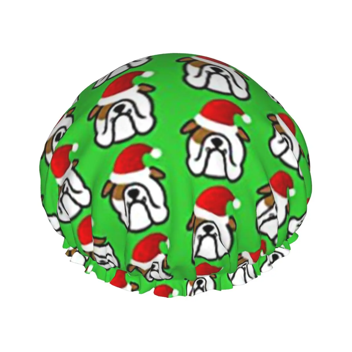 

English Bulldog Santa Waterproof Shower Cap with Elasticized Hem Reversible Shower Sleeping Bonnet Cap for All Hair Lengths