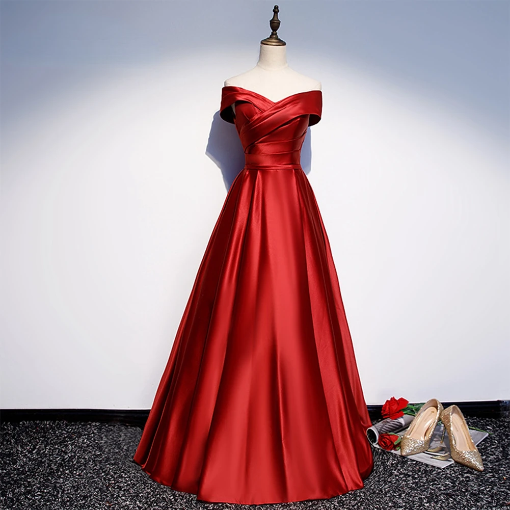 

Long Prom Dresses V-Neck Off The Shoulder A-Line Floor-Length Satin Dress Prom Prom Long Elegant Dresses