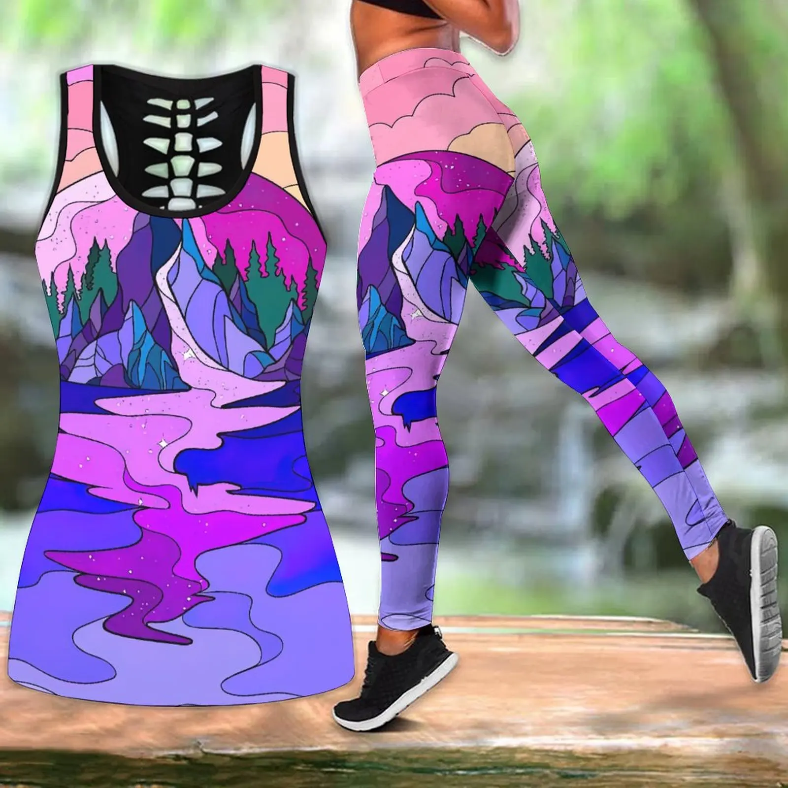 Women's Summer New Art Graphic Print Yoga Set Hollow Out Tank Top Leggings Sport Vest Suits Tops Vest Women Clothing