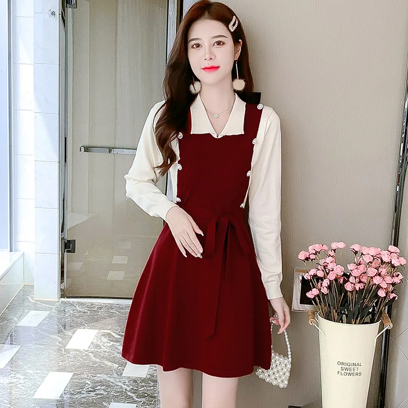 

Women Hit Color Patchwork Sweater Dresses Autumn Winter Knitted Turn Down Neck Vintage Bow Pearl Button Short Dress Robe