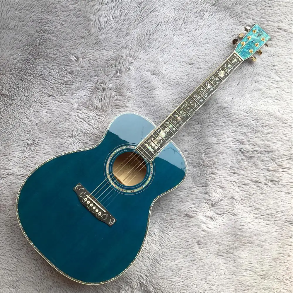 

Burst blue Maple 40 inches OM acoustic guitar,Solid Spruce top,Ebony fingerboard,Real abalone inlays Guitar