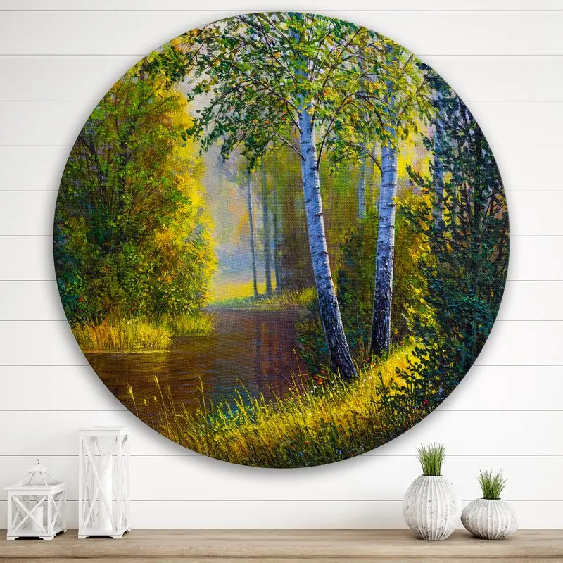 

'Sunrise Glow Through The Birches II' Lake House Circle Metal Wall Art 36x36 - Disc of 36