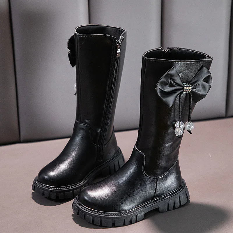 

Size 26-39 Children Autumn Winter Girls Snow Boots Waterproof Pu Leather Bow Sweet High Boots Kids Soft Sole Long Boots