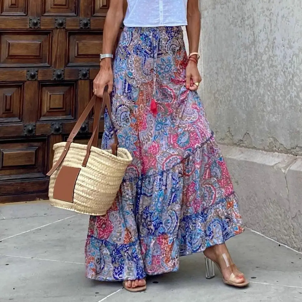 

Long Skirt Flower Printing Lady Maxi Skirt Flounce Edge Women Skirt