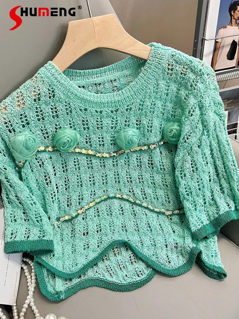 

2022 Summer New Sweet Sequins 3D Flower Cutout Round Neck Short Sleeve Ice Silk Knitwear Women's Fashion Pullover Short Top