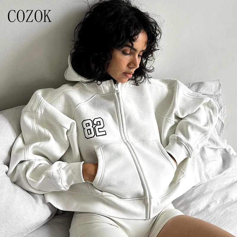 

Cozok Hooded Embroidery Sweatshirt Women Autumn Vintage Zip Up Long Sleeve Oversized Jacket Coat Harajuku Casual Streetwear Coat