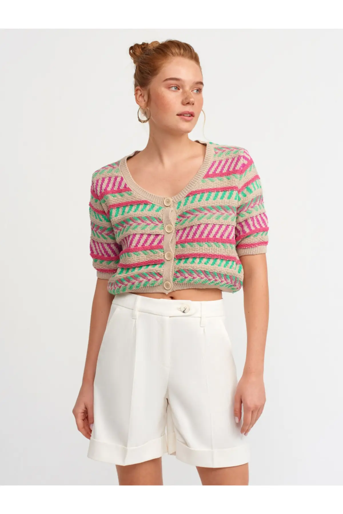 

Women's Cardigan 60126 Crew Neck Short Sleeve sportswear-Multi Beige Casual Knitted Quality Fashion Sweaters Loose Jumper
