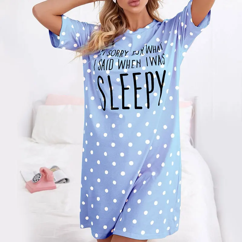 Summer Women Cotton Nightgown Women Nightdress Short Sleeve Polka Dot Print Nightgowns Sweet Casual Sleepwear Sleepdress S-XL