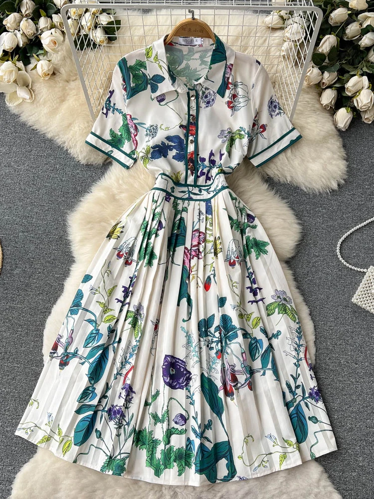 

Aibeautyer New Casual Summer Floral Print Slim Short Lady Dress A Line Turndown Collar Single Breasted Mid-Calf Women Dresses