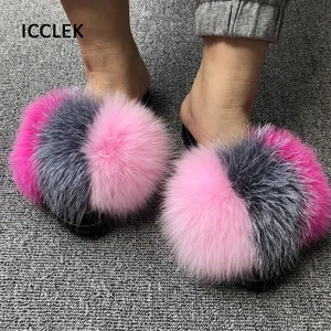 Fluffy Furry Fur Slippers Real Fox Fur Slides For Women Summer PVC Sole Flip Flops Sandals Woman Open Toe Shoes Slippers