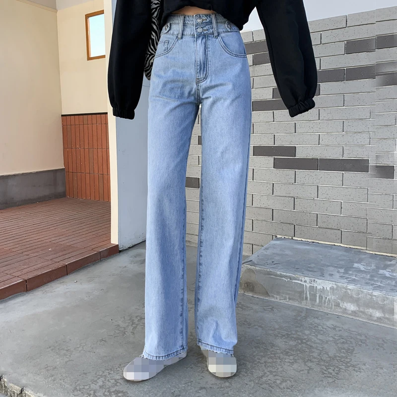 

Light Blue Straight Jeans Women 2022 Spring Fashion Double Button High Waist Baggy Jeans Womens 90s Casual Wide Leg Denim Pants