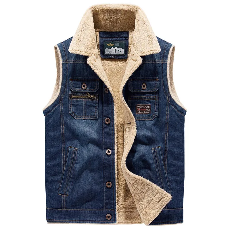 

2022 Men Winter Warm Denim Vest Fleece Lined Thermal Waistcoats for Male Sleeves Jeans Jackets Multi Pockets Mens Jacket Fashion