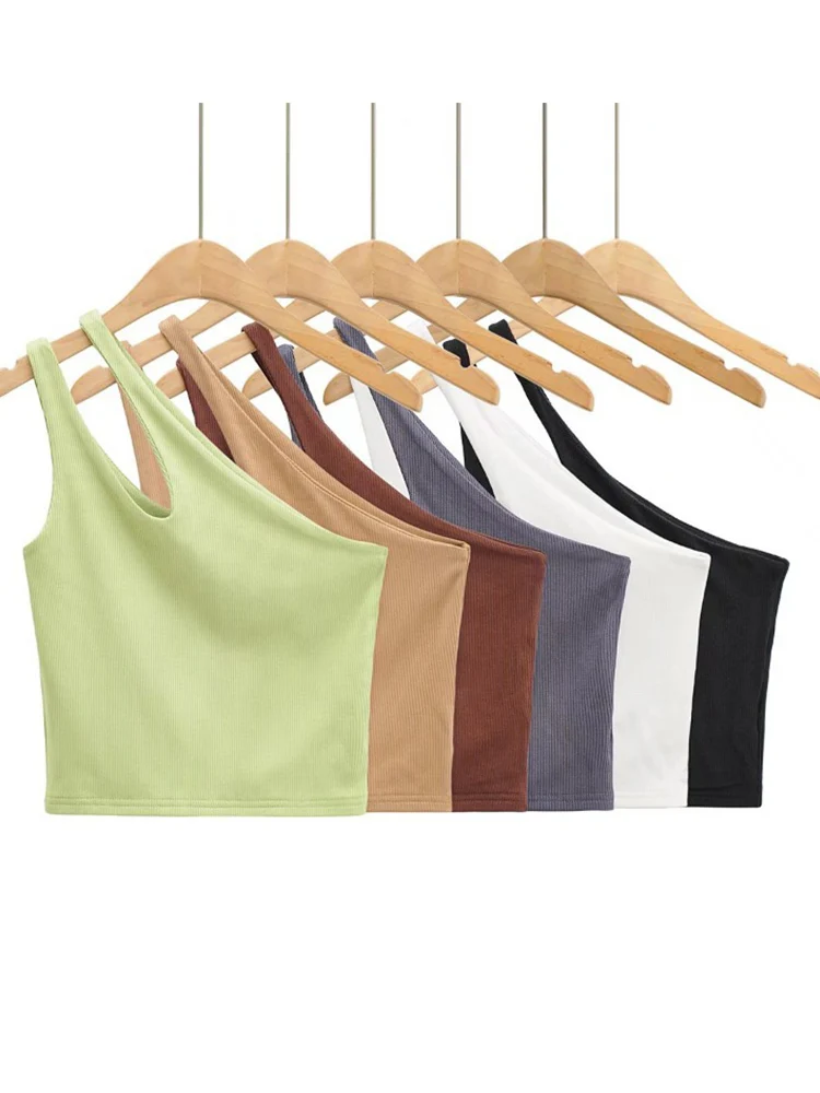 2024 Sexy Women's Crop Top Solid Stretch Fit Knit Sleeveless One Shoulder Hollow Out Basic Backless Tank